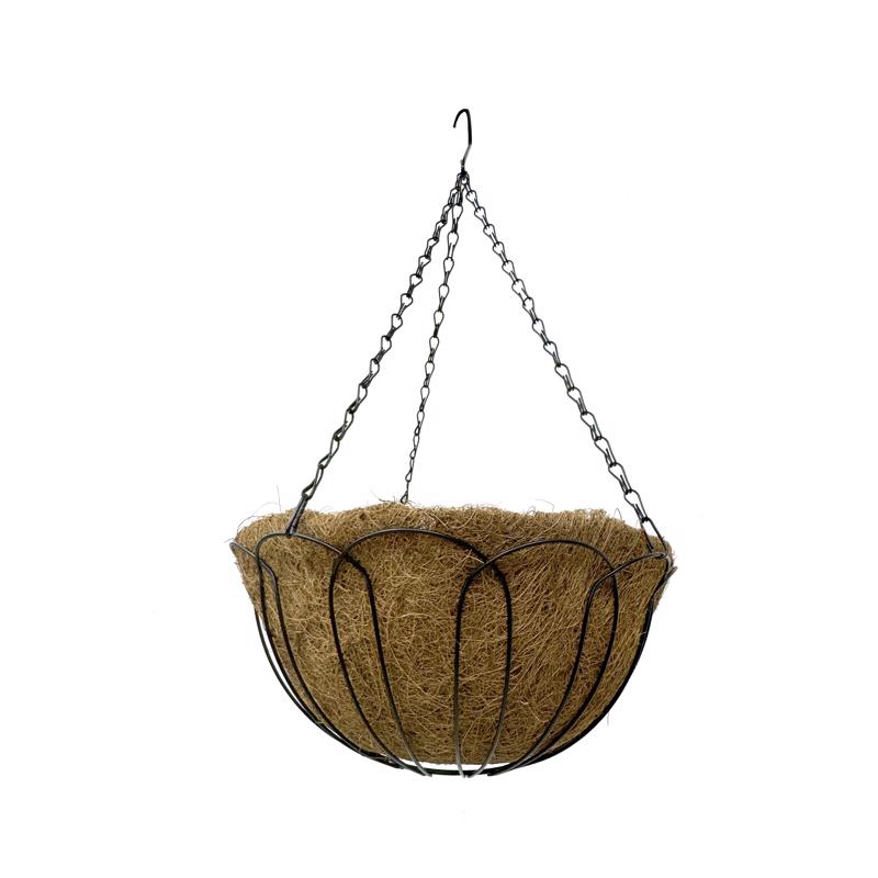 Steel hanging planter basket by Emery Jensen, 16-inch round outdoor planter basket with sturdy metal construction.