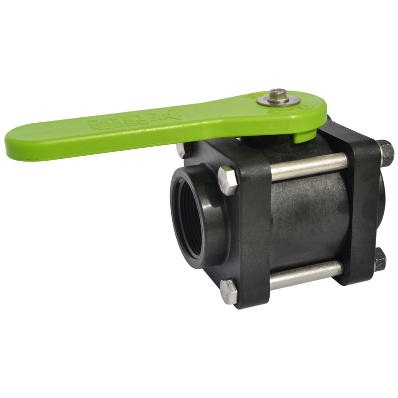 Emery Jensen plastic ball valve, 1-1/2 inch size, durable white plastic valve for plumbing and fluid control applications.