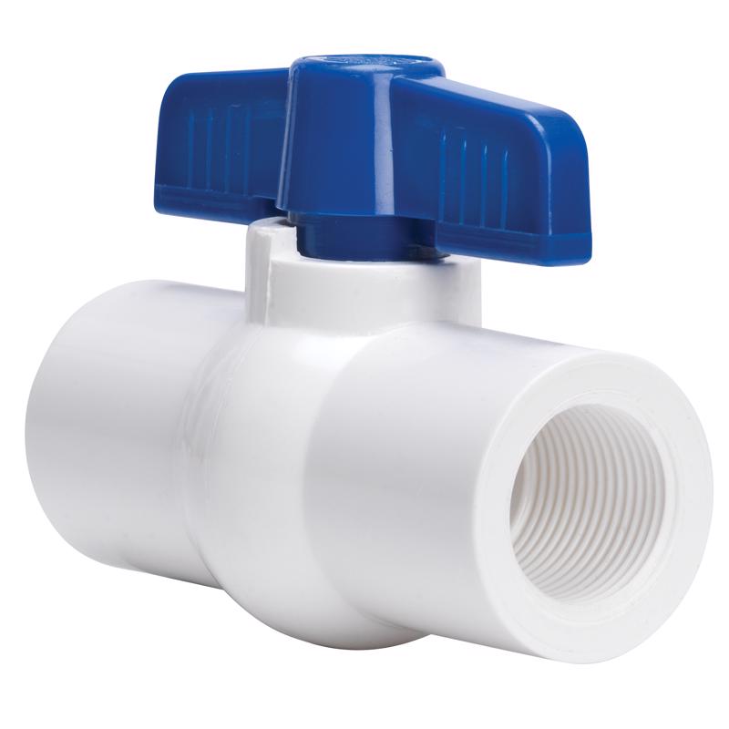 Emery Jensen plastic ball valve, 2-inch PVC SCH40 threaded, with a valve handle and threaded connections for plumbing use.