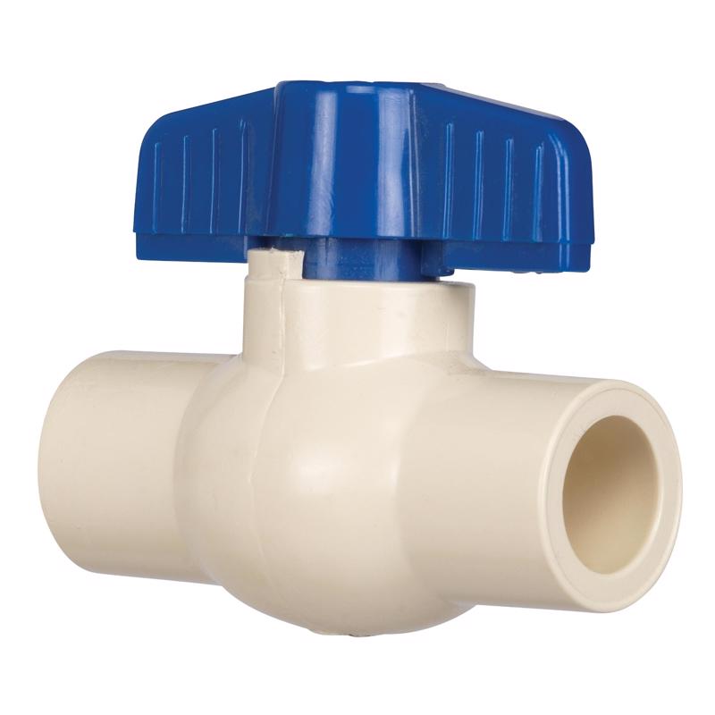 Emery Jensen 1/2-inch CPVC plastic ball valve for plumbing applications, showing the valve's compact design and flow control mechanism.