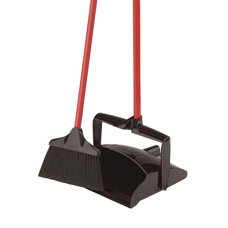 Pair of Emery Jensen plastic brooms with dustpans, 10-inch wide, ideal for quick cleaning and sweeping small areas.