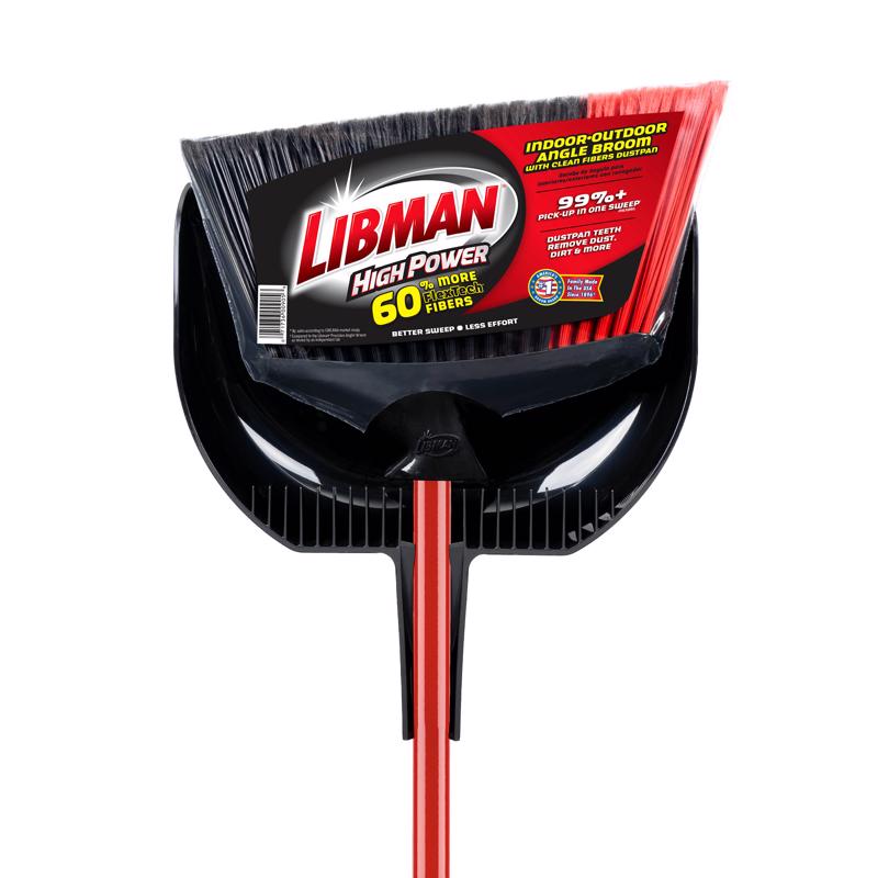 Emery Jensen plastic angle broom with dustpan for quick and easy sweeping, durable plastic handle and wide cleaning head.