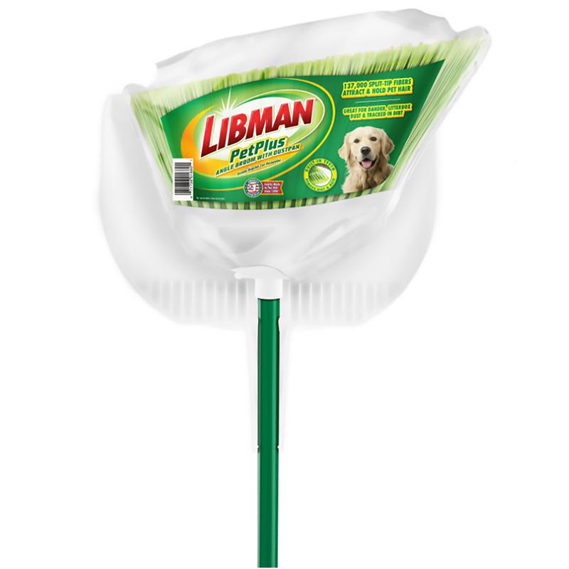 Set of four Emery Jensen plastic angle brooms with dustpans, 6-inch wide cleaning tools ideal for quick indoor and outdoor messes.