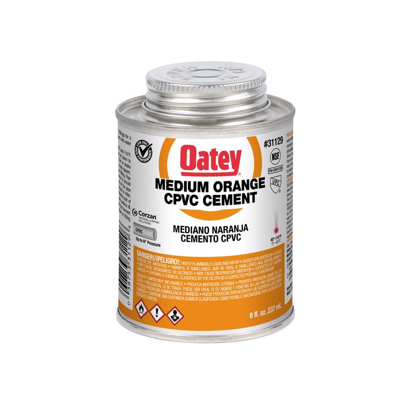 Emery Jensen plastic cement and primer for CPVC piping, 8 oz bottle with clear label and cap, suitable for plumbing repairs.