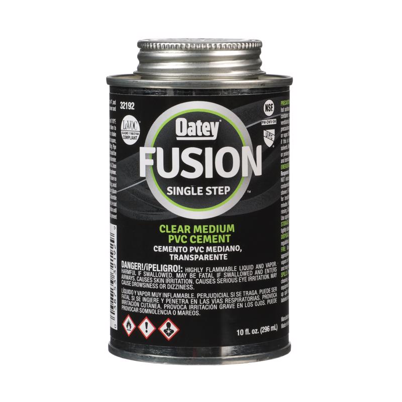 Emery Jensen Fusion Med Plastic Cement and Primer in a 10oz container, used for plastic bonding and sealing applications.
