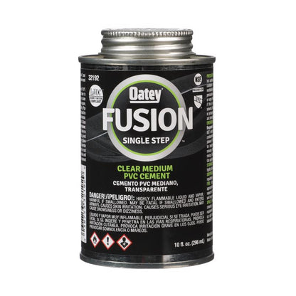 Emery Jensen Fusion Med Plastic Cement and Primer in a 10oz container, used for plastic bonding and sealing applications.