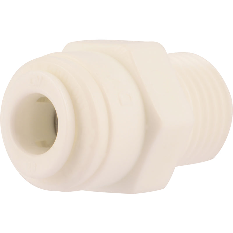Plastic CTS push fitting with 1/4-inch push and 1/4-inch MIP connections from Emery Jensen for plumbing applications.