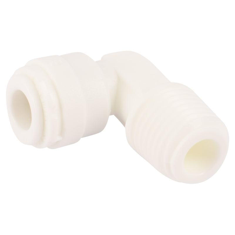 Emery Jensen plastic CTS push fit elbow fitting, 1/4" x 1/4" male, used for plumbing connections, with a smooth plastic finish.