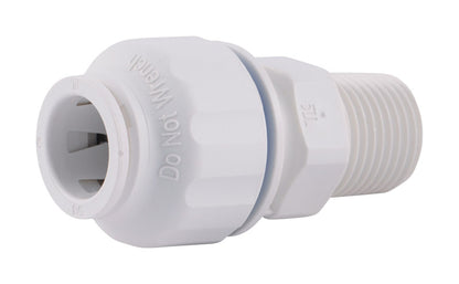 Plastic CTS push fit male connector 1/2 inch from Emery Jensen, showing the fitting with a smooth plastic exterior and push-fit design.