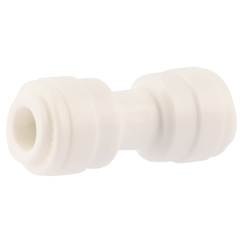 Emery Jensen plastic CTS push fitting coupling, 1/4 inch by 1/4 inch, for plumbing connections in water systems.