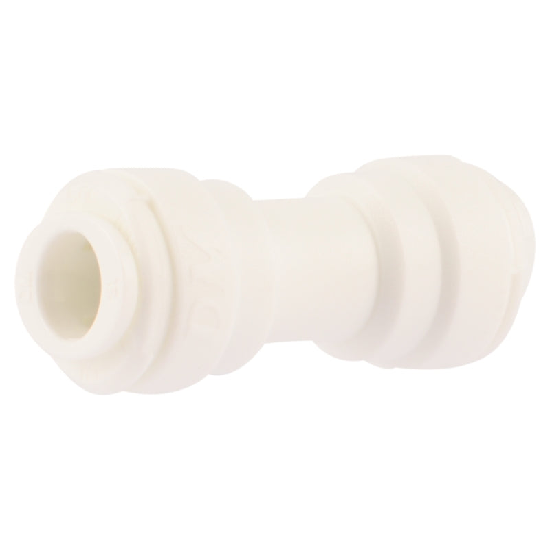Emery Jensen plastic CTS push fitting coupling, 5/16 inch x 5/16 inch, used for plumbing connections in plumbing systems.