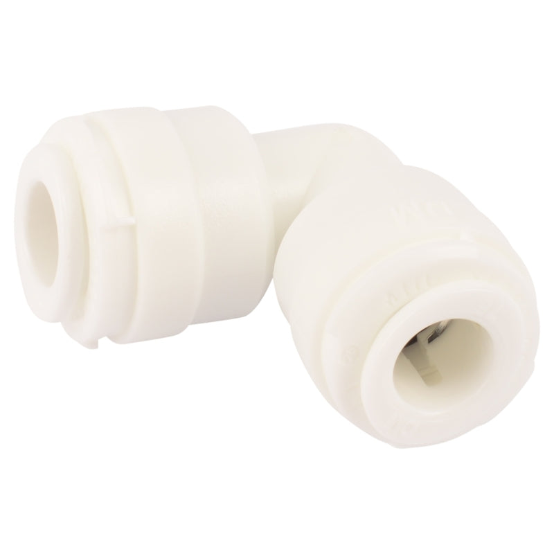 Plastic CTS push fit elbow fitting, 1/4 inch by 1/4 inch, from Emery Jensen, showing smooth plastic surface and push connection.