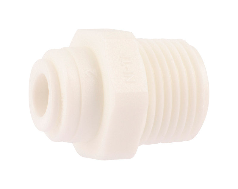 Plastic CTS push fitting by Emery Jensen, 1/4 inch by 3/8 inch size, used for plumbing connections in water systems.