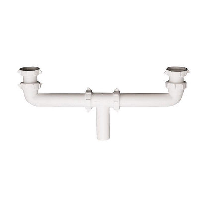 Plastic center outlet waste pipe, 16-inch size by Emery Jensen, shown with smooth white surface and durable construction.