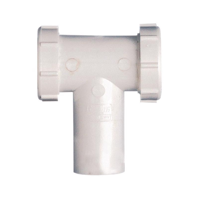 Emery Jensen plastic outlet tee with 1-1/2-inch diameter for plumbing connections, shown in a neutral setting.