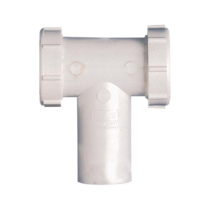 Emery Jensen plastic outlet tee with 1-1/2-inch diameter for plumbing connections, shown in a neutral setting.