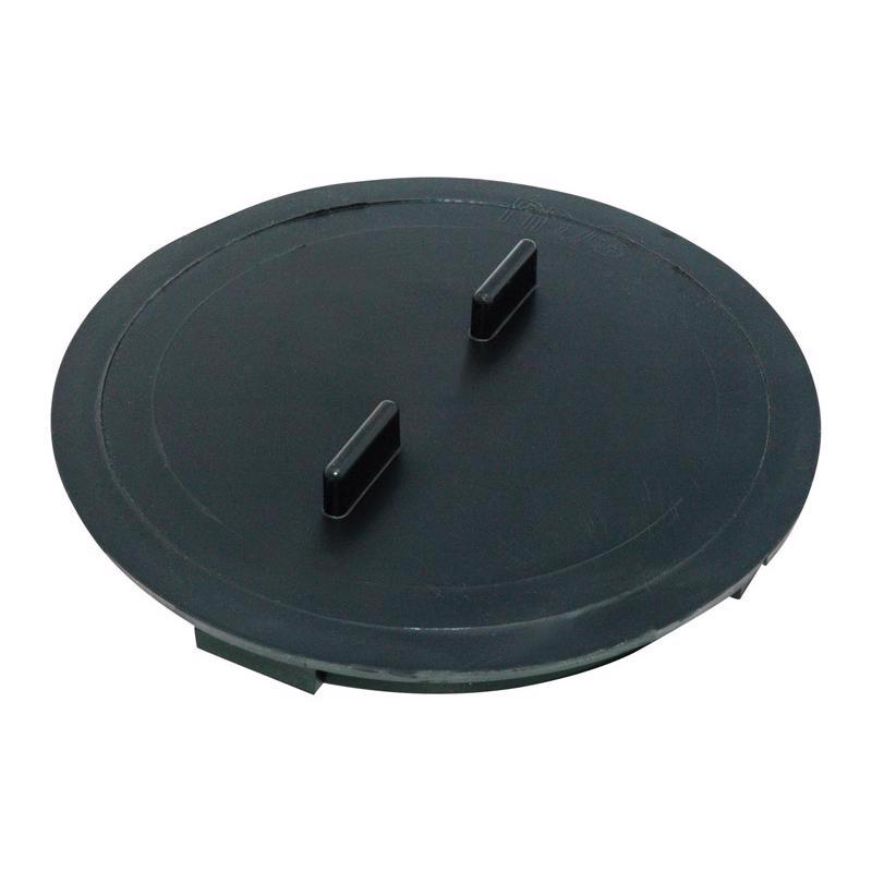 Black plastic catch basin ADP plug from Emery Jensen, used as a drain part in plumbing and drainage systems.
