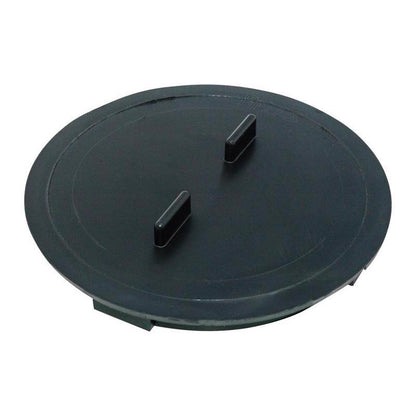 Black plastic catch basin ADP plug from Emery Jensen, used as a drain part in plumbing and drainage systems.