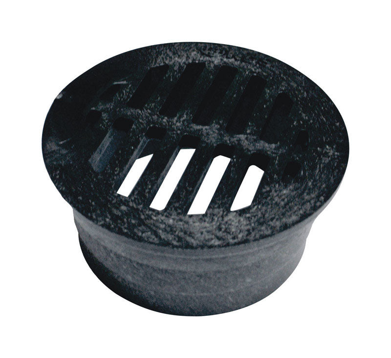 Round black plastic drain grate, 3-inch diameter, Emery Jensen heavy-duty drain part for outdoor drainage systems.
