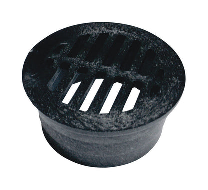 Round black plastic drain grate, 3-inch diameter, Emery Jensen heavy-duty drain part for outdoor drainage systems.
