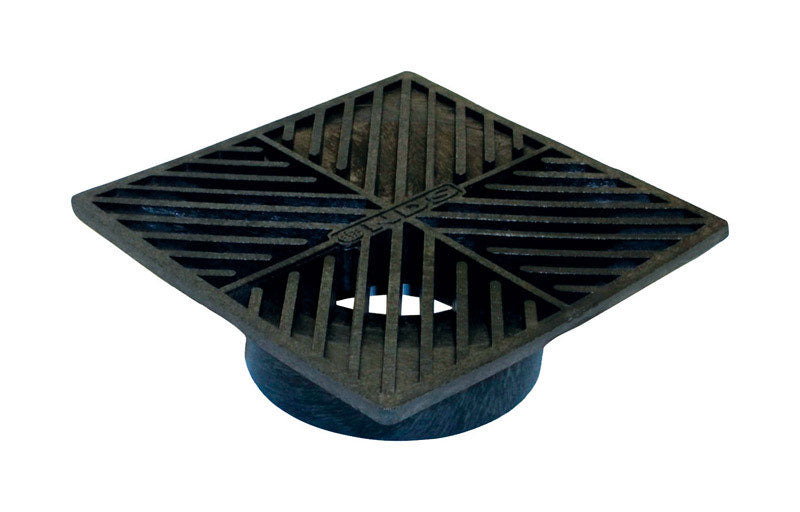 Square 6-inch black plastic drain grate from Emery Jensen HVY DTY series, designed for durable drainage applications.