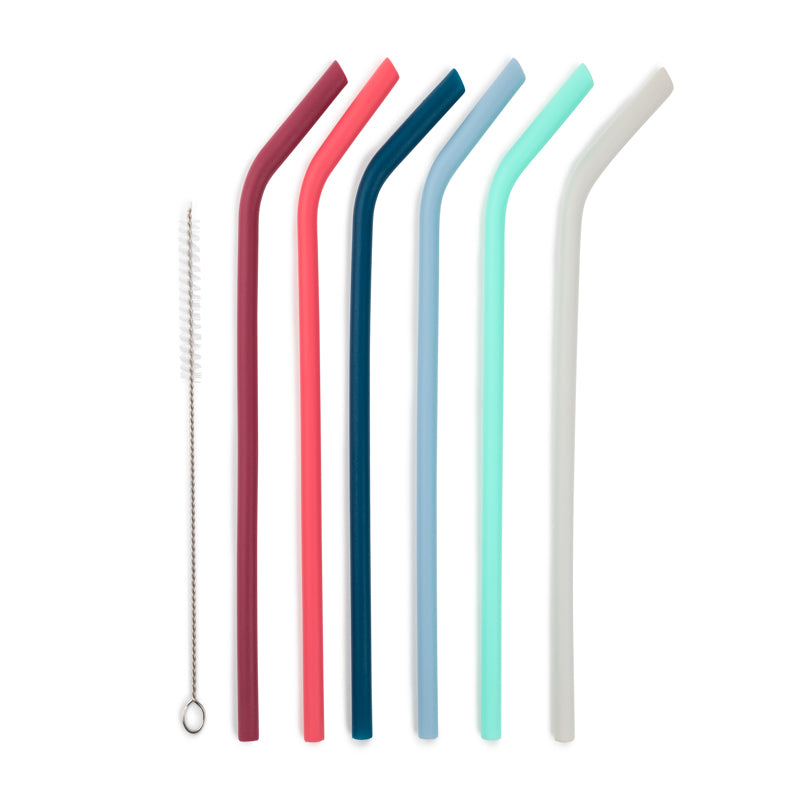 Set of seven Emery Jensen plastic drinkware tumblers with silicone straws, ideal for casual beverages and outdoor use.