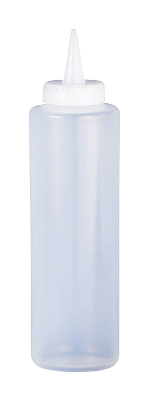 Emery Jensen 12oz plastic squeeze bottle for food storage, with clear plastic body and red cap, ideal for kitchen use