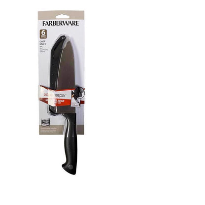 Emery Jensen 6-inch stainless steel chef knife with a plastic handle, open stock, suitable for professional and home kitchen use.