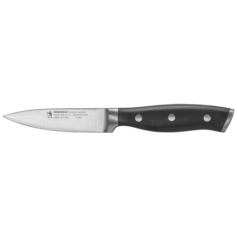 Emery Jensen plastic handle paring knife with stainless steel blade and black handle, 3.5-inch open stock kitchen knife.