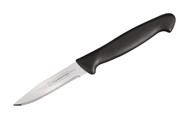 Emery Jensen 3-inch black plastic handle open stock paring knife with stainless steel blade on a white background.