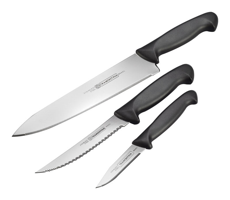 Emery Jensen 3-piece knife set with plastic handles, open stock kitchen knives displayed on a white background.