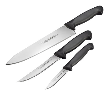 Emery Jensen 3-piece knife set with plastic handles, open stock kitchen knives displayed on a white background.