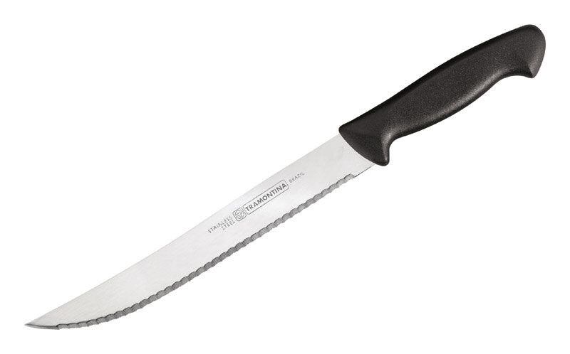 Black 8-inch plastic handle open stock knife slicer by Emery Jensen, featuring a sturdy blade for precise slicing tasks.