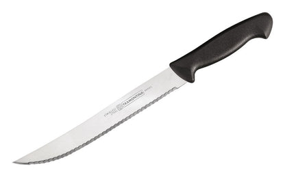 Black 8-inch plastic handle open stock knife slicer by Emery Jensen, featuring a sturdy blade for precise slicing tasks.