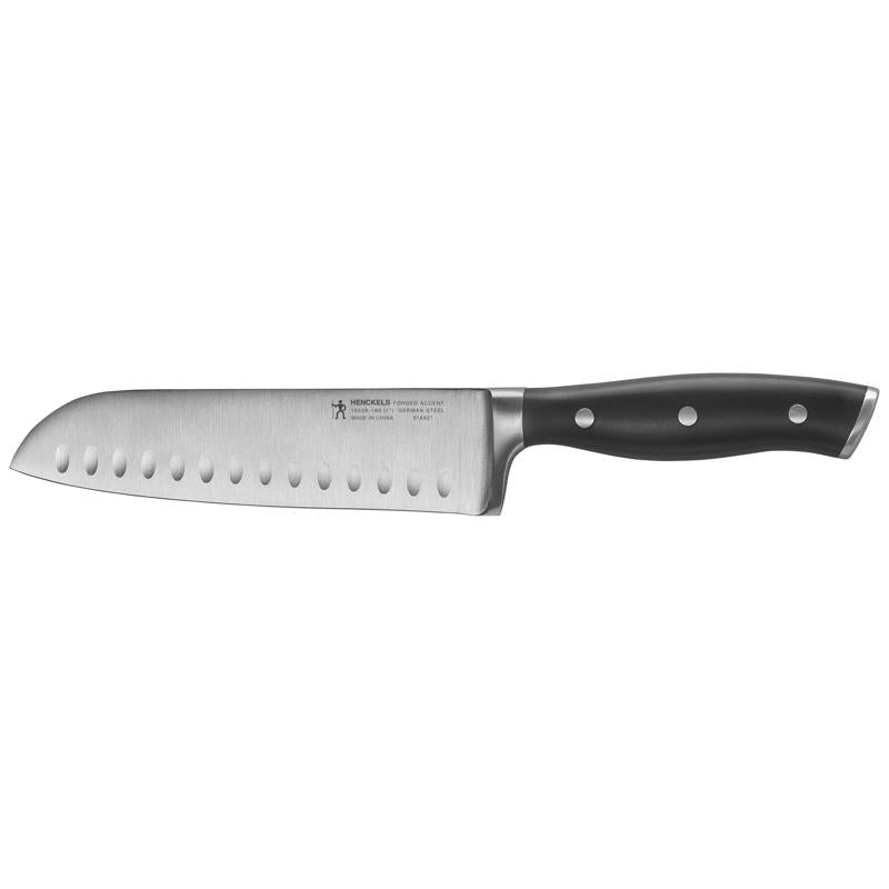 Emery Jensen 7-inch plastic handle open stock knife with black and silver blade for kitchen use.