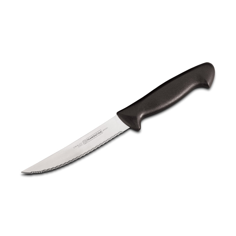 Black 5-inch steak knife with plastic handle by Emery Jensen, open stock, showing the blade and ergonomic grip.