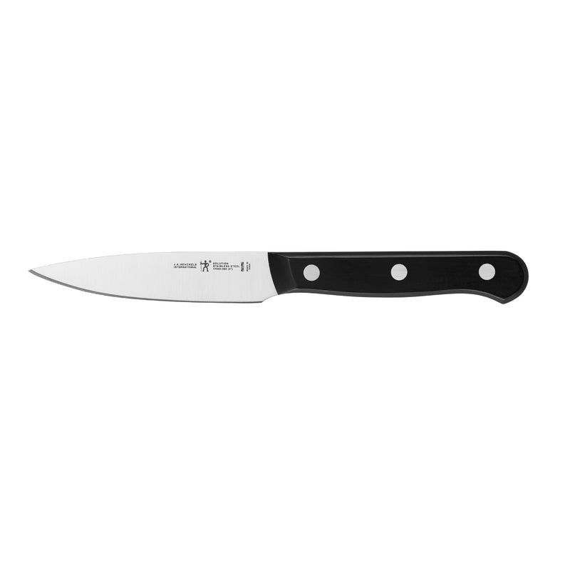 Emery Jensen 4-inch stainless steel paring knife with plastic handle, open stock for precise small cutting tasks.