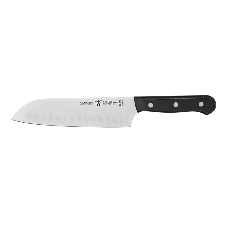 Emery Jensen 7-inch stainless steel santoku knife with plastic handle, open stock kitchen cutlery for precise slicing and chopping.