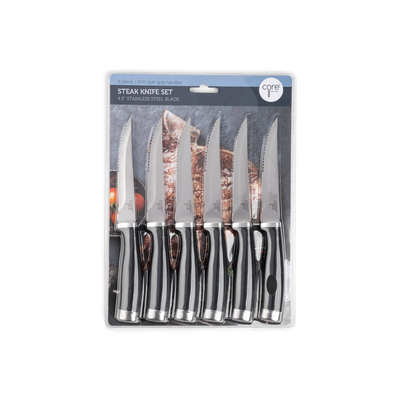 Emery Jensen 6-piece steak knife set with plastic handles, featuring sharp blades for precise cutting of meats and steaks.
