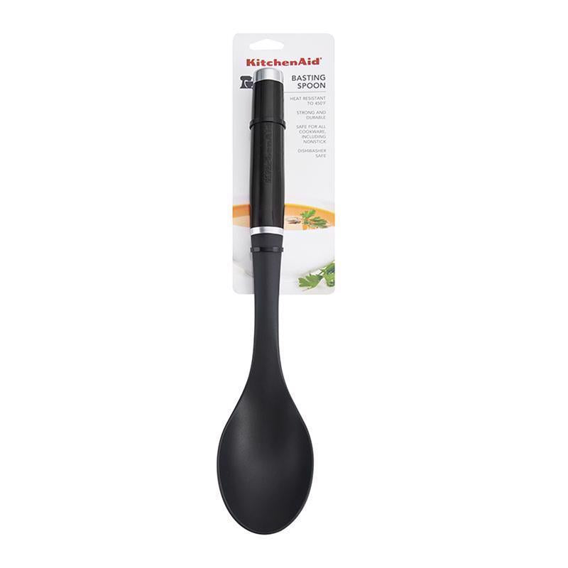 Black nylon basting spoon from Emery Jensen with a plastic handle, ideal for cooking and basting in the kitchen.