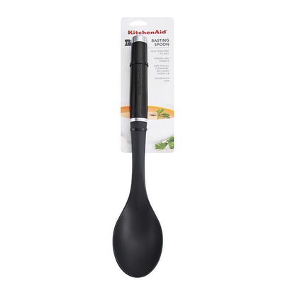 Black nylon basting spoon from Emery Jensen with a plastic handle, ideal for cooking and basting in the kitchen.