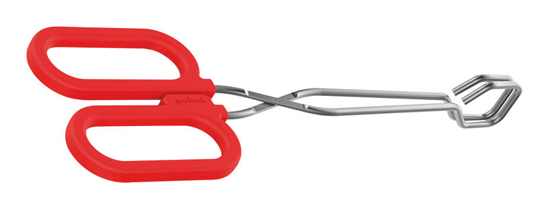 Emery Jensen 10-inch stainless steel kitchen tongs with red plastic handle, ideal for grilling and cooking.