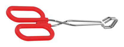 Emery Jensen 10-inch stainless steel kitchen tongs with red plastic handle, ideal for grilling and cooking.