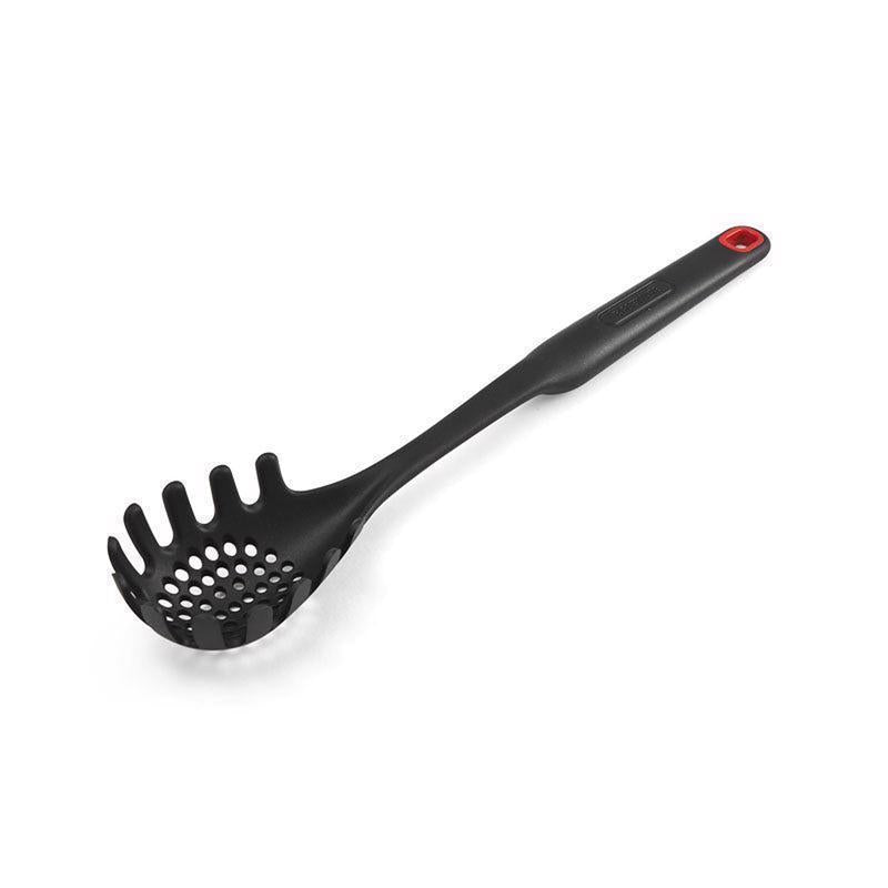 Black nylon pasta fork with plastic handle from Emery Jensen, ideal for serving pasta and kitchen use.
