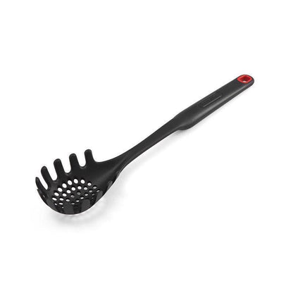 Black nylon pasta fork with plastic handle from Emery Jensen, ideal for serving pasta and kitchen use.