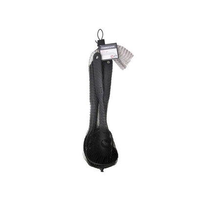 Emery Jensen nylon black plastic handle utensil tool set, includes spatula, turner, and cooking spoons arranged on a kitchen surface.