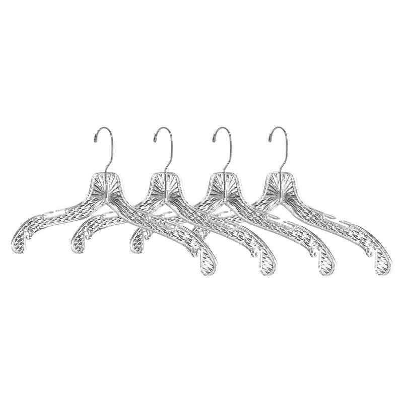 Four clear plastic hangers by Emery Jensen, lightweight and durable, perfect for organizing shirts and jackets in the closet.