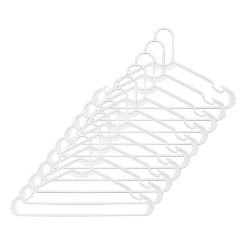 Set of 10 white plastic hangers by Emery Jensen, featuring durable, lightweight design for clothing organization and hanging.