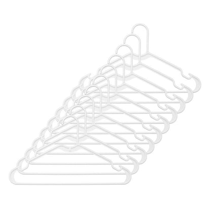 Set of 10 white plastic hangers by Emery Jensen, featuring durable, lightweight design for clothing organization and hanging.