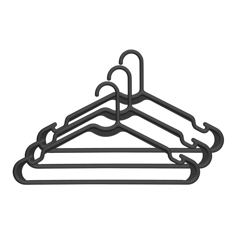 Set of three black plastic hangers by Emery Jensen, featuring sturdy hooks for hanging clothing and accessories.